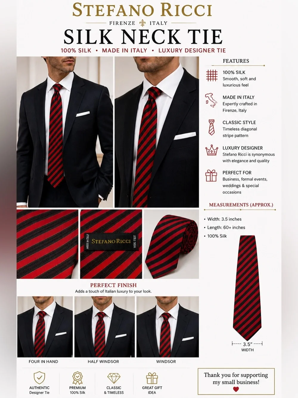 Stefano Ricci Firenze Italy Men’s Silk Tie Red Black Striped 3.5” Wide 60+” Long